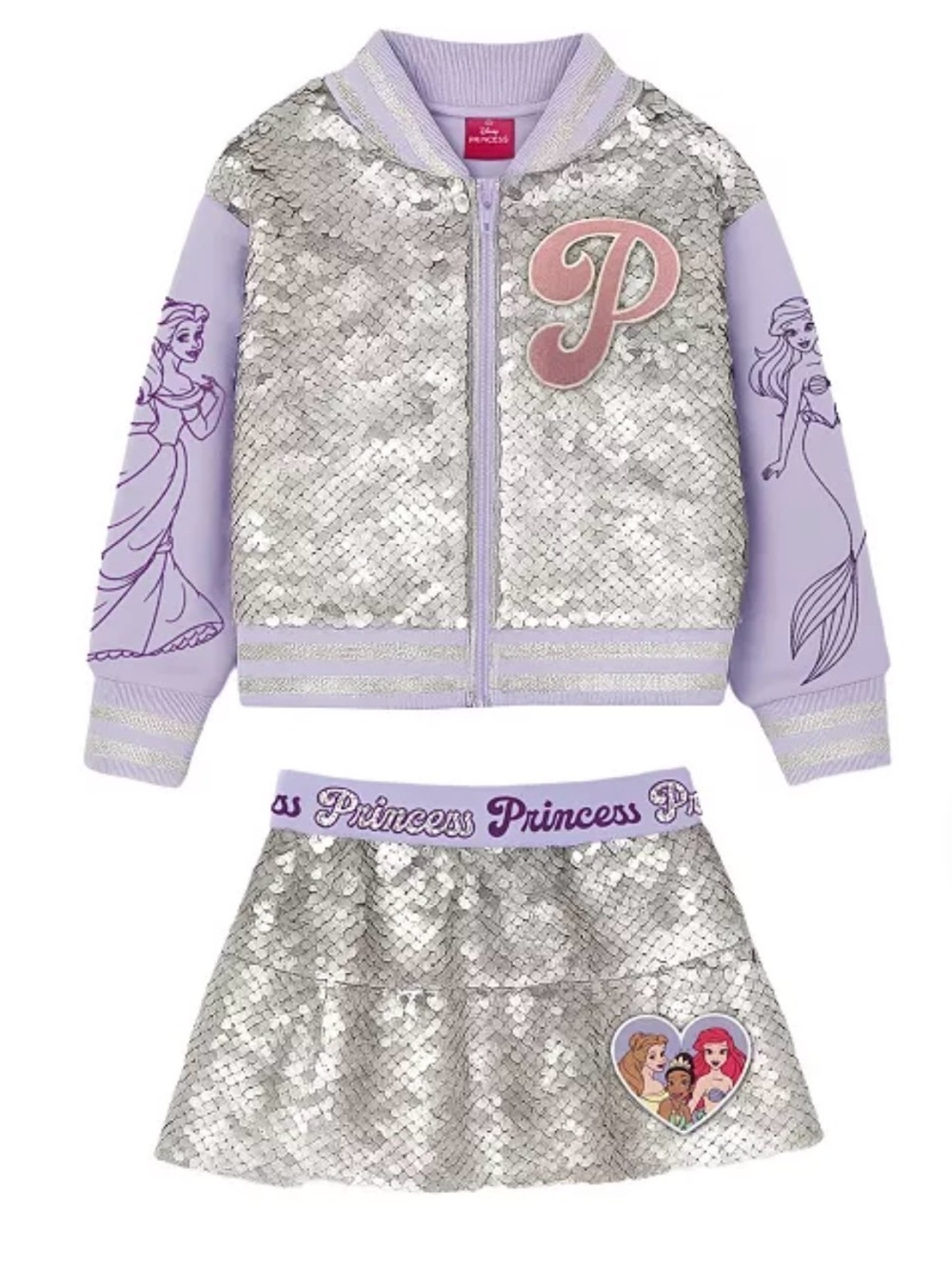 Disney Silver Sequin Princess Tiered Skirt and Jacket  with Lavender Waistband